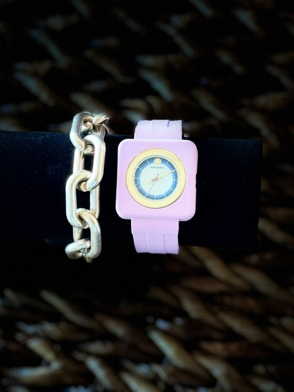 Tory Burch Izzie Watch Pink Silicone Square Watch with Gold Bezel 36 mm - Picture 12 of 15